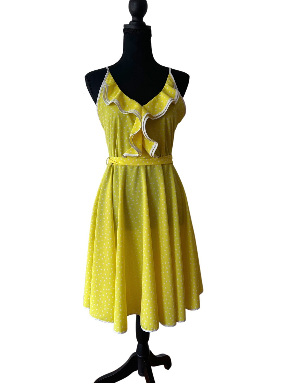 Yellow Polka Dot Ruffle Sundress - Sleeveless Belted Dress